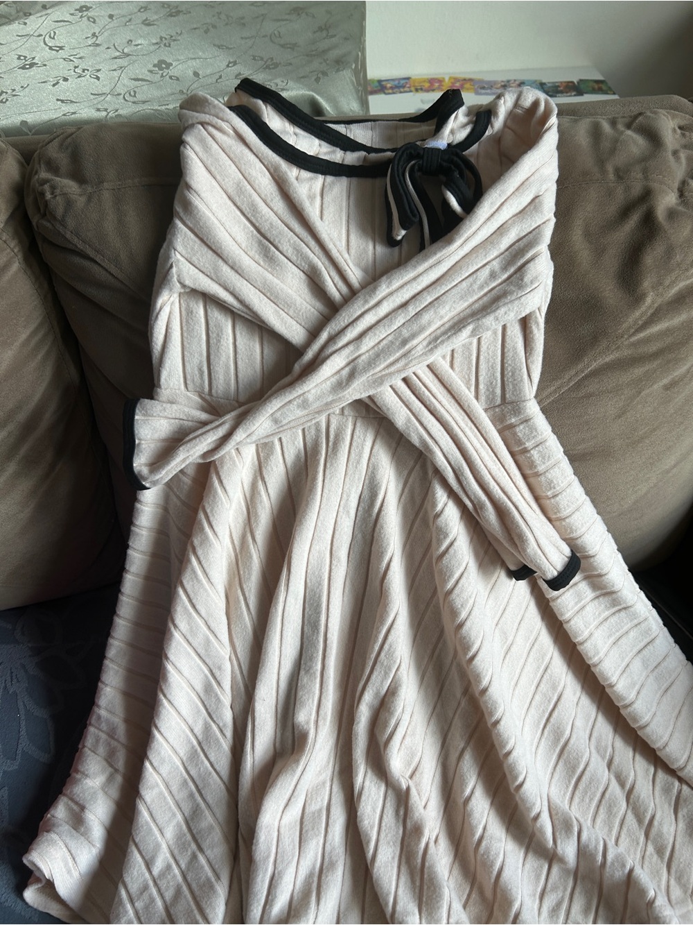 Elegant Cream Ribbed Fit & Flare Dress with Black Trim